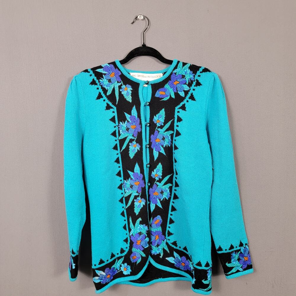 Vintage Anne Crimmins Neiman Marcus Floral Art grandpa Cardigan Sweater 80s
